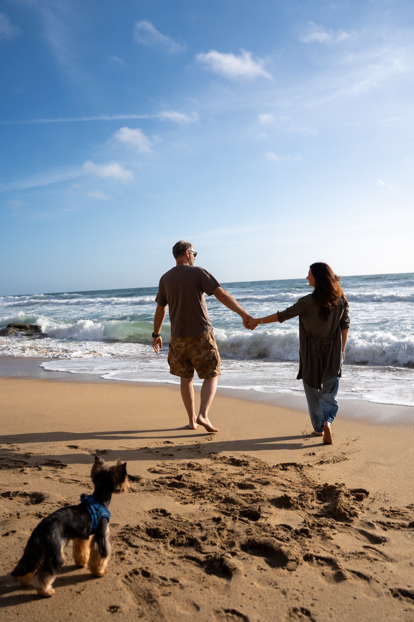 A couple walking their dog together along the coast